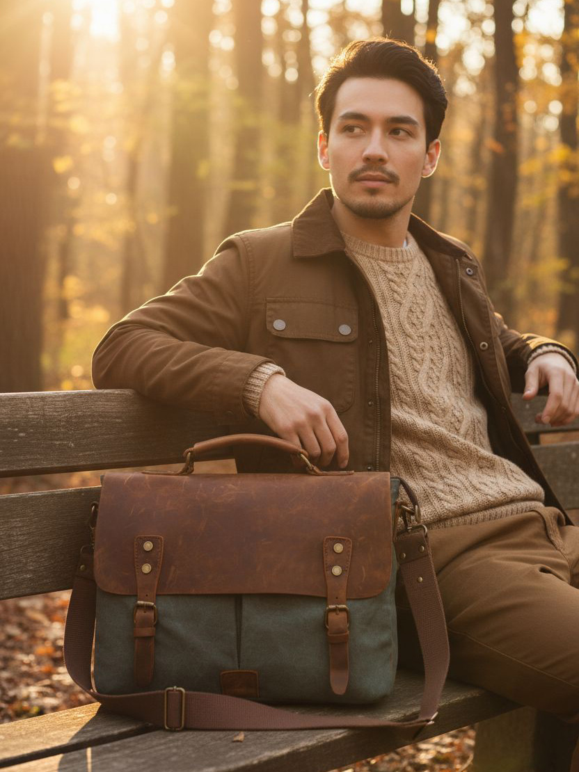 Pánska taška na notebook z plátna a kože hnedá a zelená